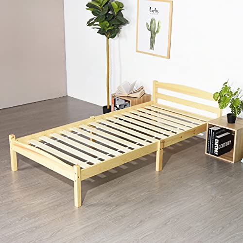 FetiNes Holzbett Einzelbett Kiefer Bettrahmen Massivholzbett Jugendbett Bettgestell mit Lattenrost, 90 x 190 cm, Naturholzfarbe von FetiNes