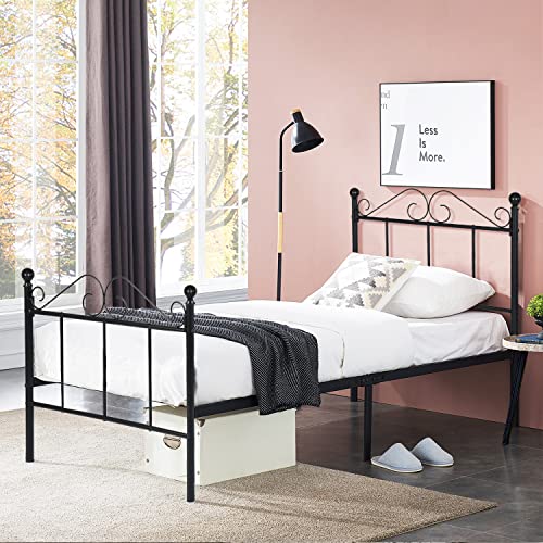 FetiNes Metall Einzelbett Bettgestell Metallbett Bettrahmen mit Lattenrost, Bett für Schlafzimmer Gästezimmer, 90x190 cm Schwarz von FetiNes