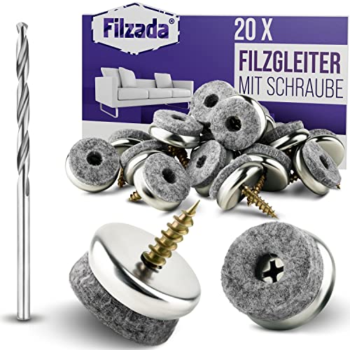 Filzada® 20x Filzgleiter Schrauben - Ø 22 mm - Profi Stuhlgleiter/Stuhlbeinschoner Filz mit Schraube - inkl. Bohrer - 5,5 mm Filzstärke von Filzada