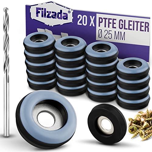 Filzada® 20x Teflongleiter zum Schrauben - Ø 25 mm (rund) - Möbelgleiter/Teppichgleiter PTFE (Teflon) inkl. Schrauben von Filzada