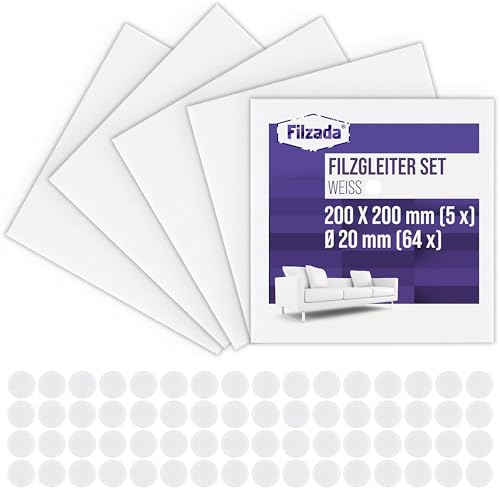 Filzada® Filzgleiter Platten Selbstklebend Set (5x 200x200 mm + 64 Ø 20 mm) - Weiß - Profi Möbelgleiter Filz Mit Idealer Klebkraft von Filzada
