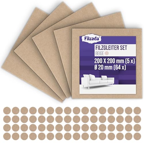 Filzada® Filzgleiter Platten Selbstklebend Set (5x 200x200 mm + 64 Ø 20 mm) - Beige - Profi Möbelgleiter Filz Mit Idealer Klebkraft von Filzada