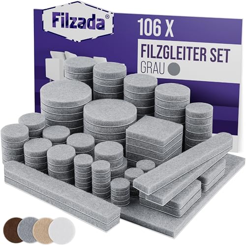 Filzada® Filzgleiter Selbstklebend Set 106 Stück (Eckig und Rund) - Grau - Profi Möbelgleiter Filz Mit Idealer Klebkraft von Filzada