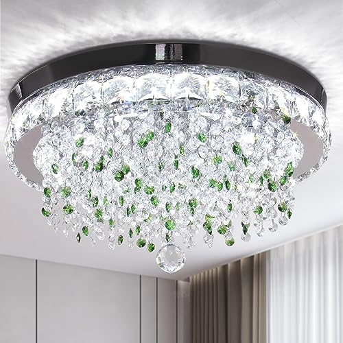 Finktonglan 18 '' Kristallkronleuchter Decke, moderne Kronleuchter mit grünen Kristallen, leuchtende LED Kristalldecke leichte Halbflush Streit Kronleuchter für Schlafzimmer Wohnzimmer 6500k Weiß von Finktonglan