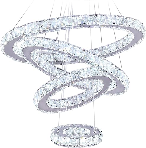 Finktonglan LED Kronleuchter, 4 Ringe Moderne Kristall Kronleuchter Esszimmer Wohnzimmer LED Decke Pendelleuchte Einstellbare Edelstahl Kristall Kronleuchter (Kühl Weiß) von Finktonglan