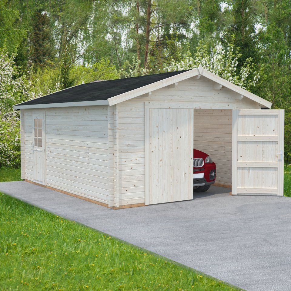 Finn Art Blockhaus Garage Holzgarage Aktion 5 mit Holztor farblos, Einzelgarage aus Holz mit Premium Dachbahn von Finn Art Blockhaus