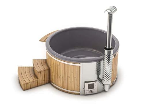 Finntherm Holz Badefass Stockholm aus Thermoholz, Hot Tub Ø 180 cm, 8 Personen, inkl. Edelstahl-Ofen (30 kW), Minibar, Schwimmbecken, Badebottich, Badezuber von FinnTherm