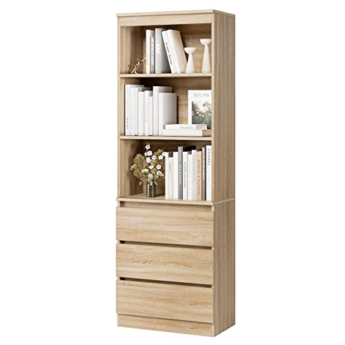 FirFurd Bücherregal mit 3 Schubladen 3 Fächern, 180 cm Hochschrank, Küchenschrank aus Holz, Mehrzweckschrank für Wohnzimmer Büro Küche, Eiche von FirFurd