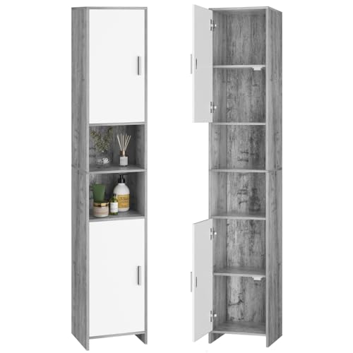 FirFurd Badezimmerschrank schmal, Badschrank Hochschrank mit Türen und 2 offenen Ablagen grau/weiß 30x30x180cm von FirFurd