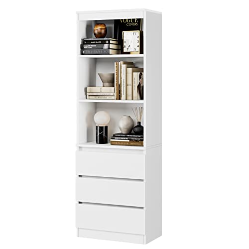 FirFurd Bücherregal mit 3 Schubladen 3 Fächern, 180 cm Hochschrank, Küchenschrank aus Holz, Mehrzweckschrank für Wohnzimmer Büro Küche, Weiß von FirFurd