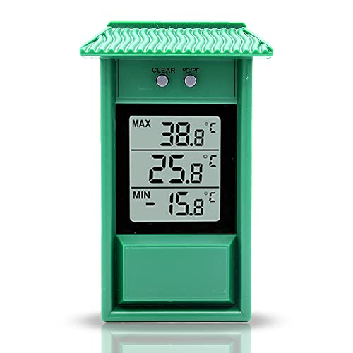 FISHTEC ® Outdoor Digital Thermometer Garten Wandbefestigung Häuschen - Thermometer Maximal-/Minimalwerte - Leicht zu befestigen - Sofortige Lesung - IPX2 - Für Garten, Treibhaus - 13x8 cm - Grün von FISHTEC