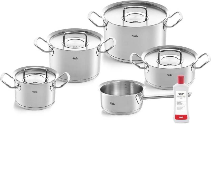 Fissler Topf-Set Profi Collection,Topfset,5Tlg+Metall-Deckel+Edelstahlpflege+Induktion, hitzebeständig, robust (Töpfeset, Induktionstöpfe, Töpfe, Topf Set, 5-tlg., 4 Töpfe+ Deckel, 1Ohne Deckel), + Stieltopf 16cm, alle Töpfe mit Deckel, Induktion, 5 Tlg von Fissler