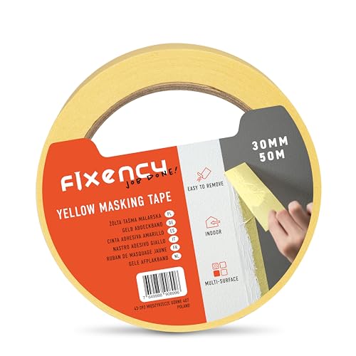 Fixency 1x Malerkrepp (30 mm x 50 m) I Kreppband Gelb für Malerarbeiten und Renovierungen I Abklebeband zum Streichen, Lackieren, Renovieren von Fixency