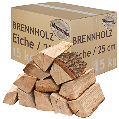 Brennholz Kaminholz Holz Eiche 15 kg Für Ofen und Kamin Kaminofen Feuerschale Grill Feuerholz Holzscheite Wood 25 cm kammergetrocknet Flameup von Flameup