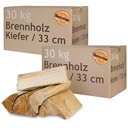 Kiefer Brennholz Kaminholz Holz 60 kg Für Ofen und Kamin Kaminofen Feuerschale Grill Feuerholz Holzscheite Wood 33 cm kammergetrocknet Flameup von Flameup