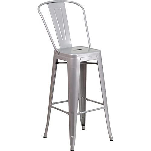 Flash Furniture Barhocker mit Rückenlehne – Metall-Barstuhl für Innen- und Außenbereich – Tresenstuhl ideal für Küche, Bar oder Bistro – 4er Set – Silber von Flash Furniture