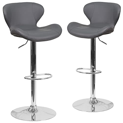 Flash Furniture Moderner Barhocker gebogener Rückenlehne und Chromfuß, höhenverstellbar, 2 Stück, Metall, Sperrholz, Chrom, Schaumstoff, Graues Vinyl, 2 Pack von Flash Furniture