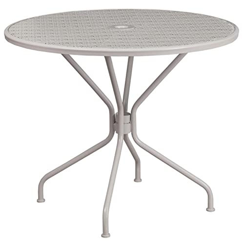 Flash Furniture Oia Terrassentisch aus Stahl, rund, 89,5 cm, mit Schirmloch, Metall, hellgrau, 35.25" Round von Flash Furniture