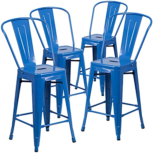 Flash Furniture Commercial Grade 4 Pack 61 cm High Metall Indoor Outdoor Hocker mit Rückenlehne, Kunststoff, verzinkter Stahl, blau, 4 Stück von Flash Furniture