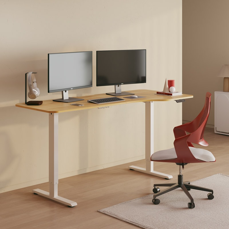 Elektrisch Höhenverstellbarer Schreibtisch - FlexiSpot Lite, Ahornplatte + Weißes Gestell mit 110x60cm Tischplatte von FlexiSpot