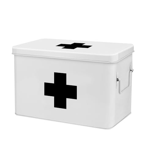 Flexzion Erste-Hilfe-Medizin-Box-Organizer, leer, 33 cm, weiße Metalldose, Mediziner-Aufbewahrungsbehälter, Hartschalenkoffer mit herausnehmbarem Tablett, schwarzes Kreuz, Vintage-Antik Boxen für von Flexzion