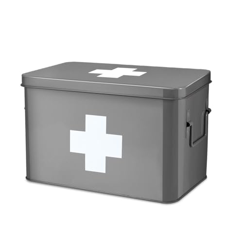 Flexzion First Aid Medicine Box Supplies Kit Organizer - 12.5" Gray Metal Tin Medic Storage Bin Hard Case with Removable Tray White Cross, Vintage Antique Empty Boxes for Home Family Emergency Set von Flexzion