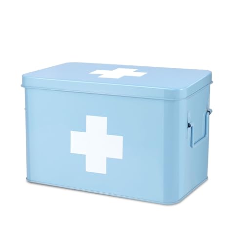 Flexzion Medizinbox, Hausapotheke Box, Apothekenbox - 31x20x19cm Medikamenten Aufbewahrung Box aus Metall für Notfall, Erste Hilfe Schrank, mit Seitengriffen, abnehmbarem Tablett & 5 Fächern, blau von Flexzion