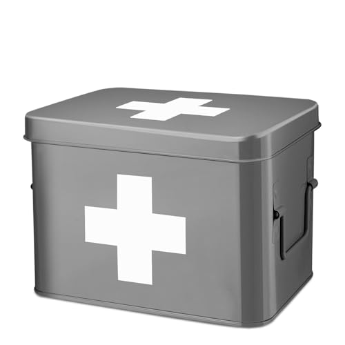 Flexzion Medizinbox, Hausapotheke box, Apothekenbox - 33x21x19cm Medikamenten Aufbewahrung Box aus Metall für Notfall, Erste Hilfe Schrank, mit Seitengriffen, abnehmbarem Tablett & 5 Fächern, Grau von Flexzion