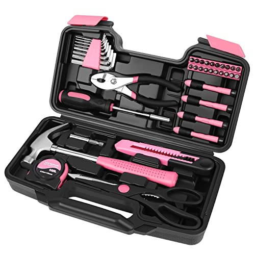 Flexzion Werkzeugset Box – Handwerkzeug-Set & Zubehör für allgemeine Haushaltsreparaturen mit Kunststoff-Werkzeugkasten-Aufbewahrungskoffer – Hausbesitzer-Werkzeugset (Rosa & Schwarz) von Flexzion