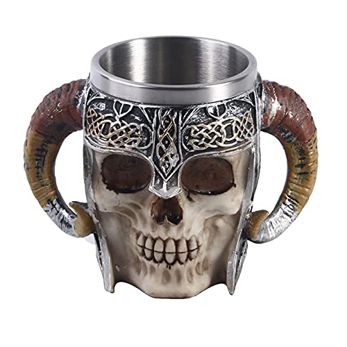 Floatdream Totenkopf Kaffeetasse, Wikinger Totenkopf Bierkrug, Totenkopf-Bierkrug aus Edelstahl, für Kaffee, Getränke, Saft, Halloween-Feiertagsparty (Silbergelb) von Floatdream