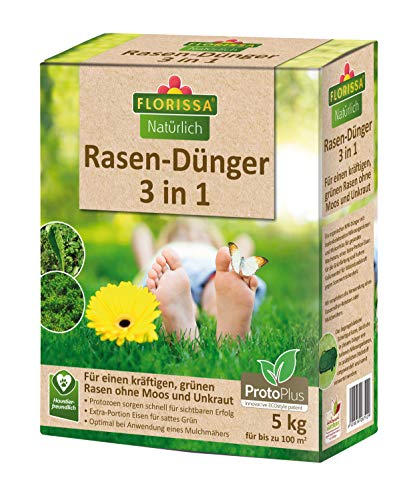 Florissa Natürlich 58792-5kg BIO Rasendünger 3 in 1 (5 kg) mit ProtoPlus und Eisen für einen dichten Rasen ohne Moos, Braun von Florissa Natürlich