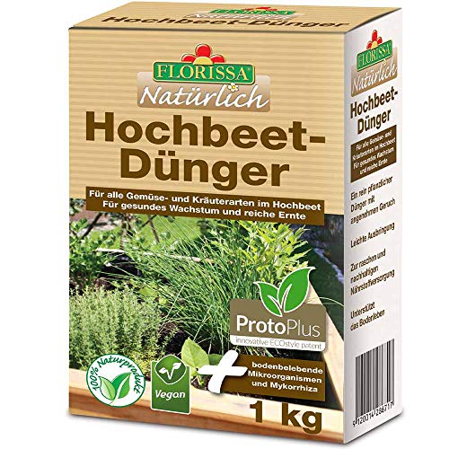 Florissa Natürlich Bio Hochbeet-Dünger | Bio und VEGAN mit rein pflanzlichen Inhaltsstoffen | schnellster Bio-Dünger durch ProtoPlus | Natur im Garten und biologisch GÄRTNERN Gütesiegel, 1000 g von Florissa Natürlich