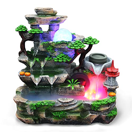 Tabletop Fountain Indoor, Indoor Desktop Rockery Fountain Water Fountain Waterwheel Chinese Fengshui Ornament mit Led Light Atomizing Humidifier for Office Home von Focket