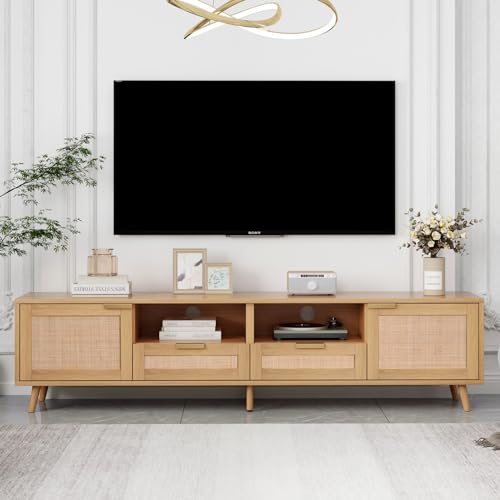 Fofetbfo Rattan TV Unit to 139.7 cm/165.1 cm TV Cabinet with 2 Cabinets and 2 Open Shelves, Multimedia Centers with Solid Wood Feet, Modern TV Stand for Living Room & Lounge (A) von Fofetbfo
