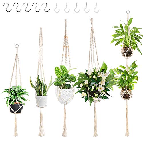 Fohil 5er Set Makramee Blumenampel, Baumwollseil Blumentöpfe Halter Stand Wandbehänge für den Innenbereich mit 10 Haken, für Innen Außen Decken Balkone Wanddekoration von Fohil