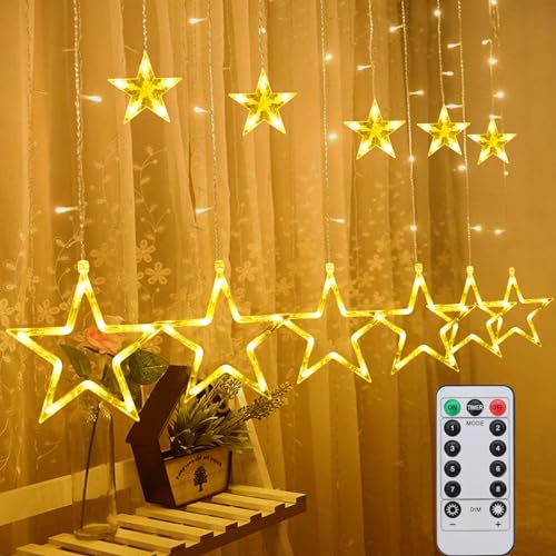 Fohil LED Sterne Lichterkette, 126 LED Lichtervorhang mit Stern Ramadan deko Außen 8 Modi Fenster Lichterkette Innen, Ramadan Lichterkette für Innen Außen,Balkon,Party, Hochzeit Fenster Deko Warmweiß von Fohil