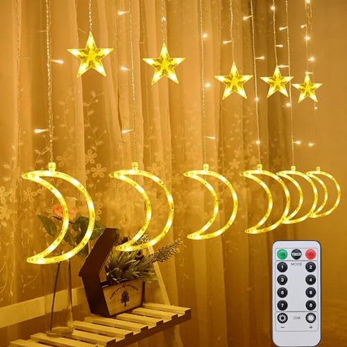 LED Lichterkette, 126 LED Lichtervorhang mit Mond und Stern Ramadan Dekoration 8 Modi Fenster Lichterkette Innen, Ramadan Lichterkette für Innen Außen,Balkon,Party, Fenster Deko Warmweiß von Fohil