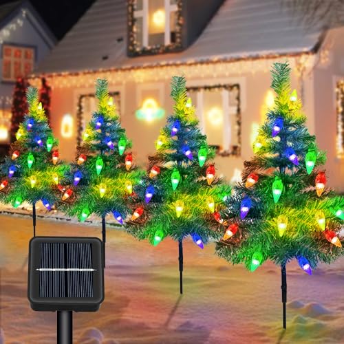 Solar Christmas Lights Outdoor, Weihnachtsbeleuchtung für Außen, 4 Stück Weihnachtsbaum mit Lichterketten, Solar Christbaumbeleuchtung Garten mit 80 C6LED Weihnachtliche Wegbeleuchtung von Fohil