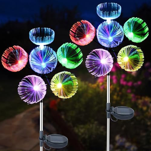 Solarlampen für Außen Garten, 2 Stück Qualle mit Farbig LED Solarleuchten Garten Deko, Dekorative Lichter IP65 Wasserdicht Solar LED Blumen Lampe für Außen, Garten, Rasen, Balkon, Terrasse, Hof von Fohil