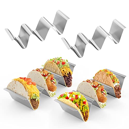 Taco Halter Ständer, 2er Set Edelstahl Taco Rack Shell mit Griffen, Glatte Kante, Taco Truck Tray Platten Hält bis zu 3 Tacos Jeweils Backofen & Grill Safe für Restaurant und Zuhause - Silber von Fohil