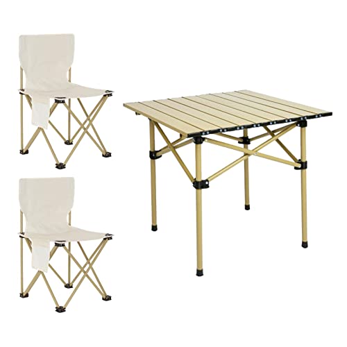 Folpus Camping Klapptisch Stühle Set Strandtisch mit 2 Hockern Stahltisch Campingtisch Faltbarer Picknicktisch zum Angeln, Picknick, Wandern, Deck, Terrasse von Folpus