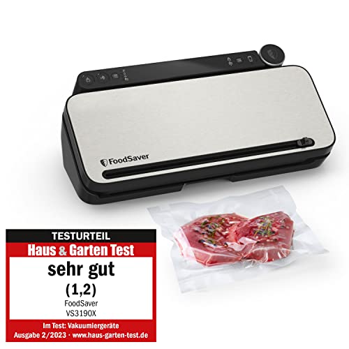 FoodSaver Mehrzweck-Vakuumiersystem für Lebensmittel | mit Handheld-Vakuumiergerät, 1 Vakuumrolle, 4 Vakuumbeuteln & 4 Zip-Beuteln | Silber mit schwarzen Akzenten [VS3190X] von FoodSaver