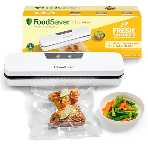 FoodSaver Everyday Vakuumiergerät | hält Lebensmittel bis zu 5X länger frisch | Vakuumierer in kompaktem Design für eine effiziente Aufbewahrung | mit 5 Vakuumierbeuteln (0,94L & 3,78L) | VS0290X von FoodSaver
