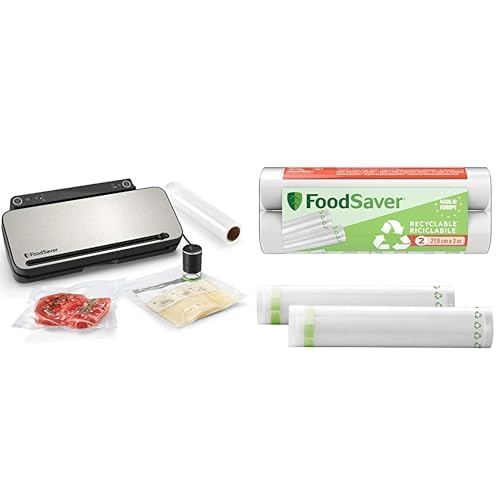 FoodSaver Mehrzweck-Vakuumiersystem für Lebensmittel | mit Handheld-Vakuumiergerät, 1 Vakuumrolle, 4 Vakuumbeuteln & 4 Zip-Beuteln | Silber mit schwarzen Akzenten + Plastic, Recycelbare Beutel von FoodSaver