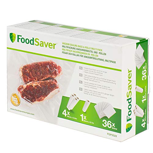 FoodSaver, wiederverwendbare Vakuumbeutel | für FoodSaver Lebensmittel-Vakuumierer | BPA-frei | 4 Rollen Vakuumbeutel (28 cm x 5,5 m) | 1 Rolle Vakuumbeutel (20 cm x 6,7 m) | 36 Vakuumbeutel (950 ml) von FoodSaver