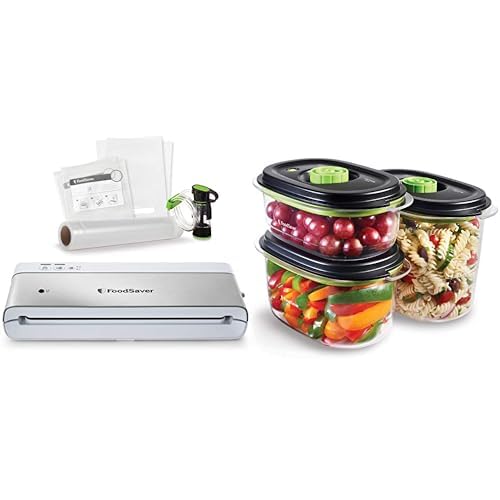 FoodSaver VS0100X Kompaktes Vakuumiergerät für Lebensmittel mit Handheld-Vakuumierer | 3 x Preserve & Marinate Vakuumbehälter | 1 Rolle & 4 Beutel | silber mit weißen Akzenten von FoodSaver