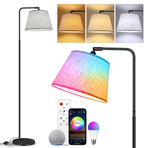 Stehlampe Wohnzimmer, WiFi RGBCW Standleuchte LED Dimmbar Kompatibel mit Alexa Google Home, Bogenleuchte mit Leinen Lampenschirm Modern Leselampe mit Fernbedienung Ecklampe Stufenlose Farbtemperaturen von Fortand