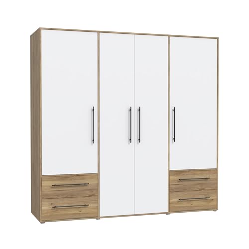 FORTE Jupiter Schrank 200 210, weißer Kleiderschrank, Drehtürenschrank, 4-türig, mit 4 Schubladen und Einlegeböden, Weiß mit Holz Dekor: Mauvella Eiche, 206 cm breit x 59 cm tief x 200 cm hoch von Forte