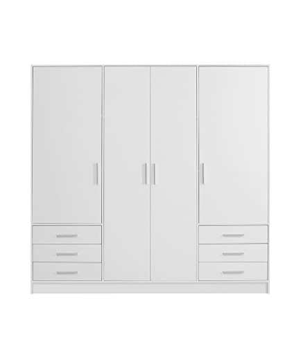 FORTE Jupiter Schrank 200 210, weißer Kleiderschrank, Drehtürenschrank, 4-türig, mit 6 Schubladen und Einlegeböden, Schwarz Weiß, 206.5 cm breit x 60 cm tief x 200 cm hoch von Forte