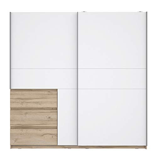 FORTE Collet Schwebetürenschrank mit 2 Türen und 3 Schubladen, Holzwerkstoff, Bianco Eiche Dekor kombiniert mit Weiß, 200 x 200 x 61,2 cm, von Forte
